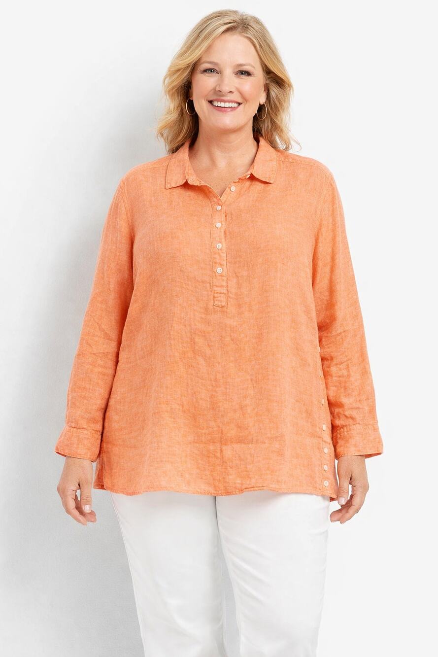 Talbots Long Sleeve Henley Linen Shirt Orange Womens Plus Size 2X Button Detail